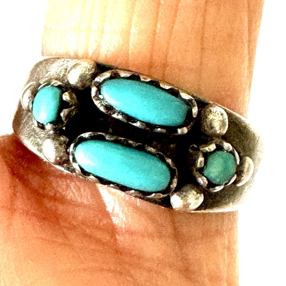 Navajo Turquoise Ring Sz 5 Band 7mm Signed Dave Pino Mid Century Patina VTG